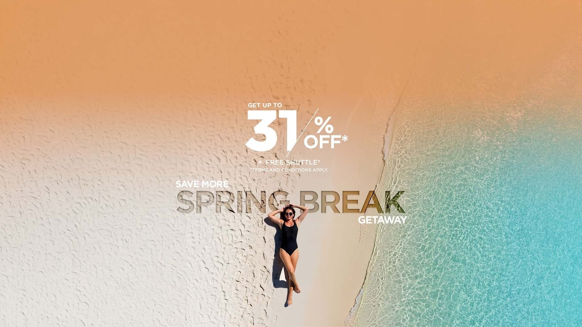 An advertisement shows a family enjoying a beach vacation inside a social media-style frame, promoting a deal of up to 31% off, including transportation, against a backdrop of a clear blue sky and turquoise ocean.