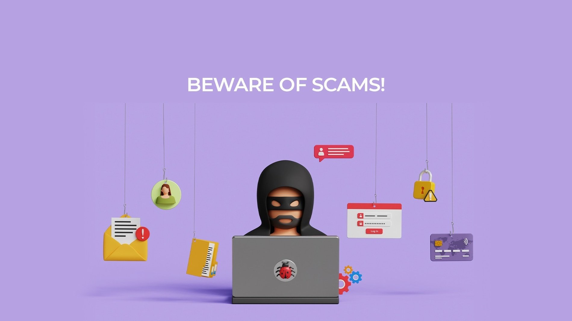 a man in a hood sits in front of a laptop with the words " cuidado con los fraudes " above him