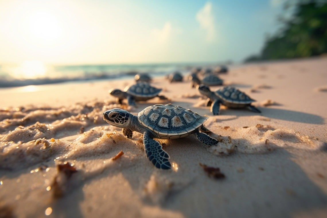 a group of baby sea turtles crawling on a sandy beach