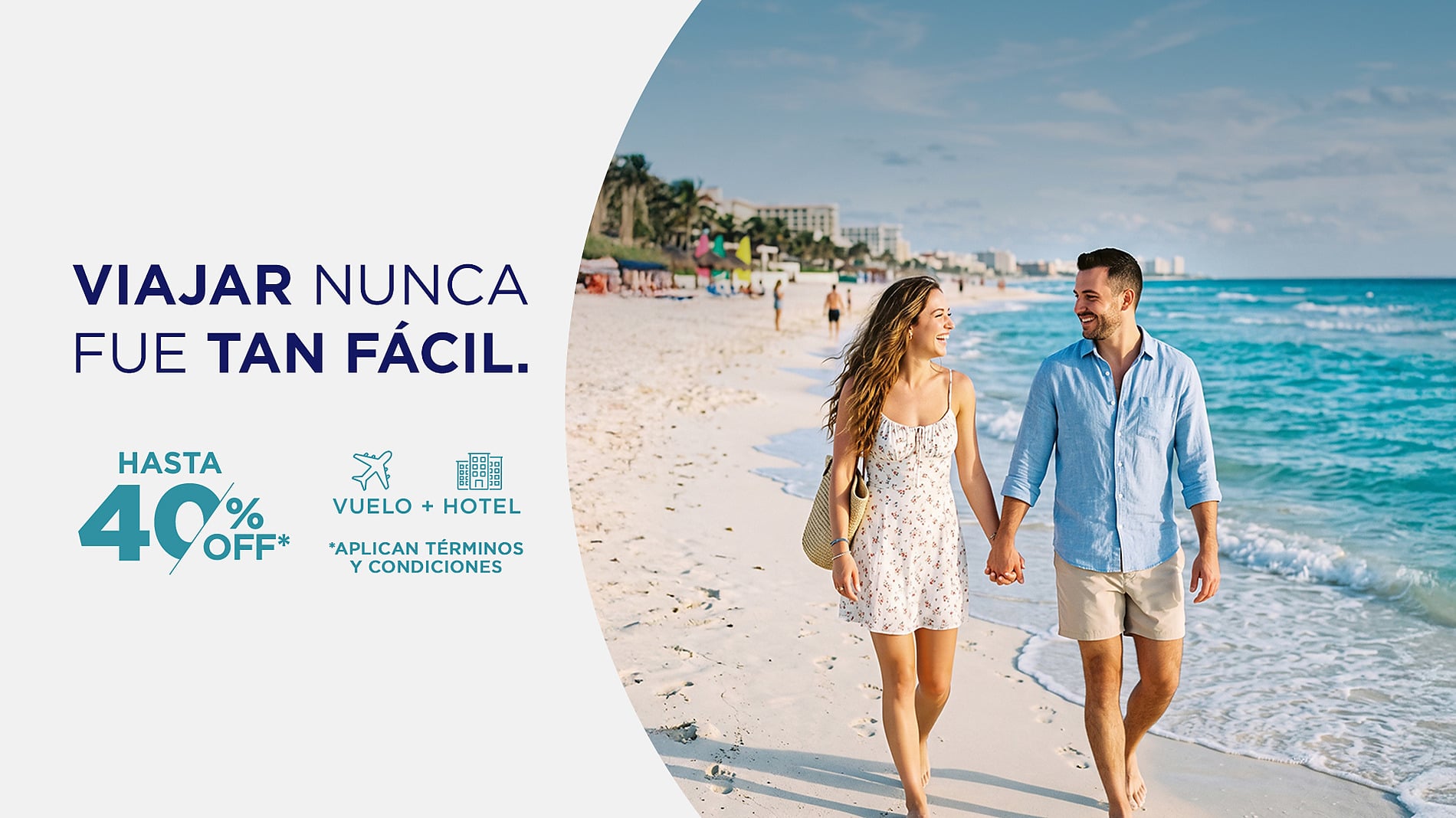Viajar nunca fue tan fácil con Park Royal: Corpo. Pareja feliz en la playa.