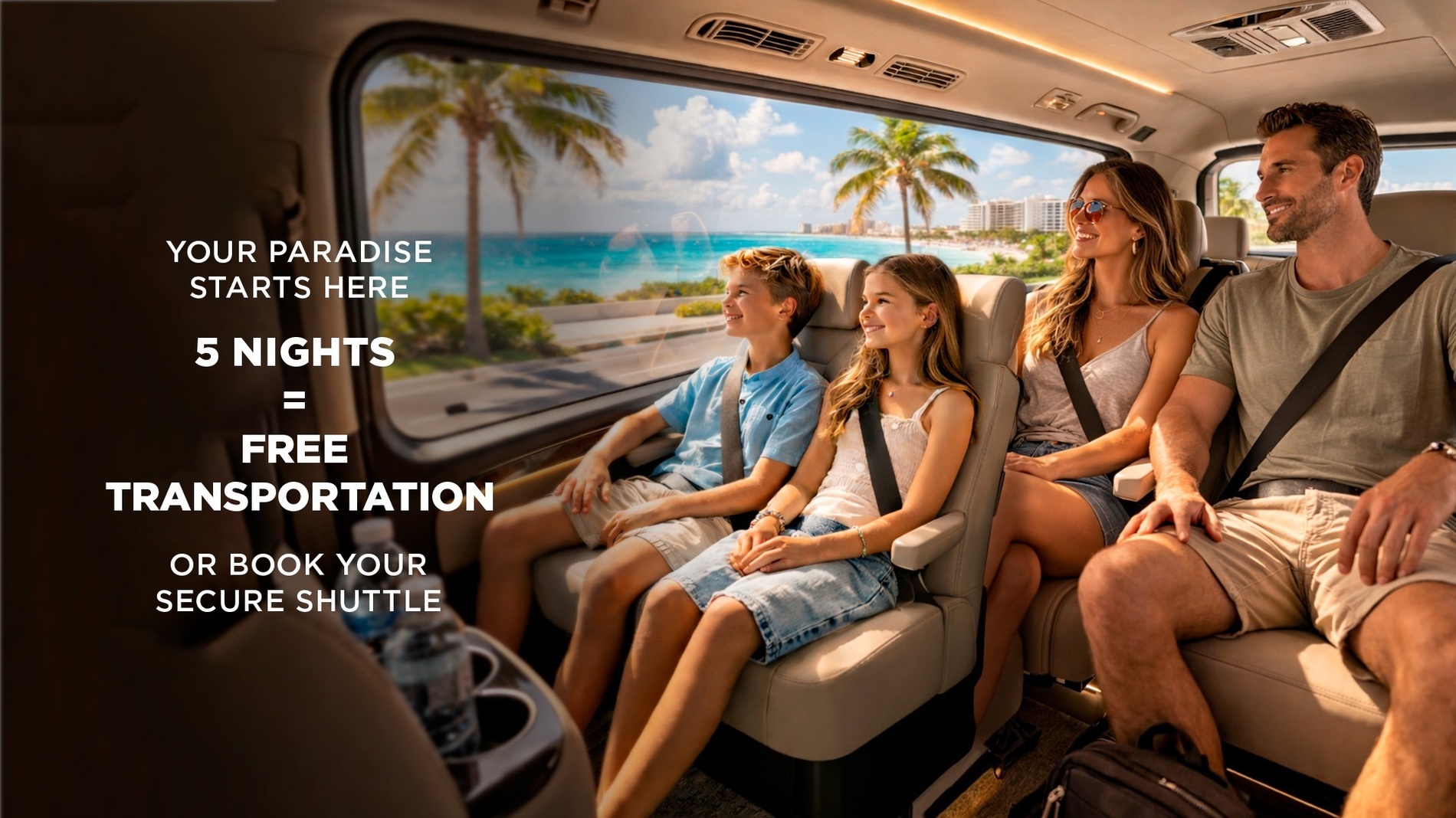 A family enjoys a ride in a luxurious vehicle, looking out at a tropical beach scene, with overlaid text advertising a travel deal: "YOUR PARADISE STARTS HERE" with "5 NIGHTS DE ESTANCIA = FREE TRANSPORTATION OR BOOK YOUR SECURE SHUTTLE."