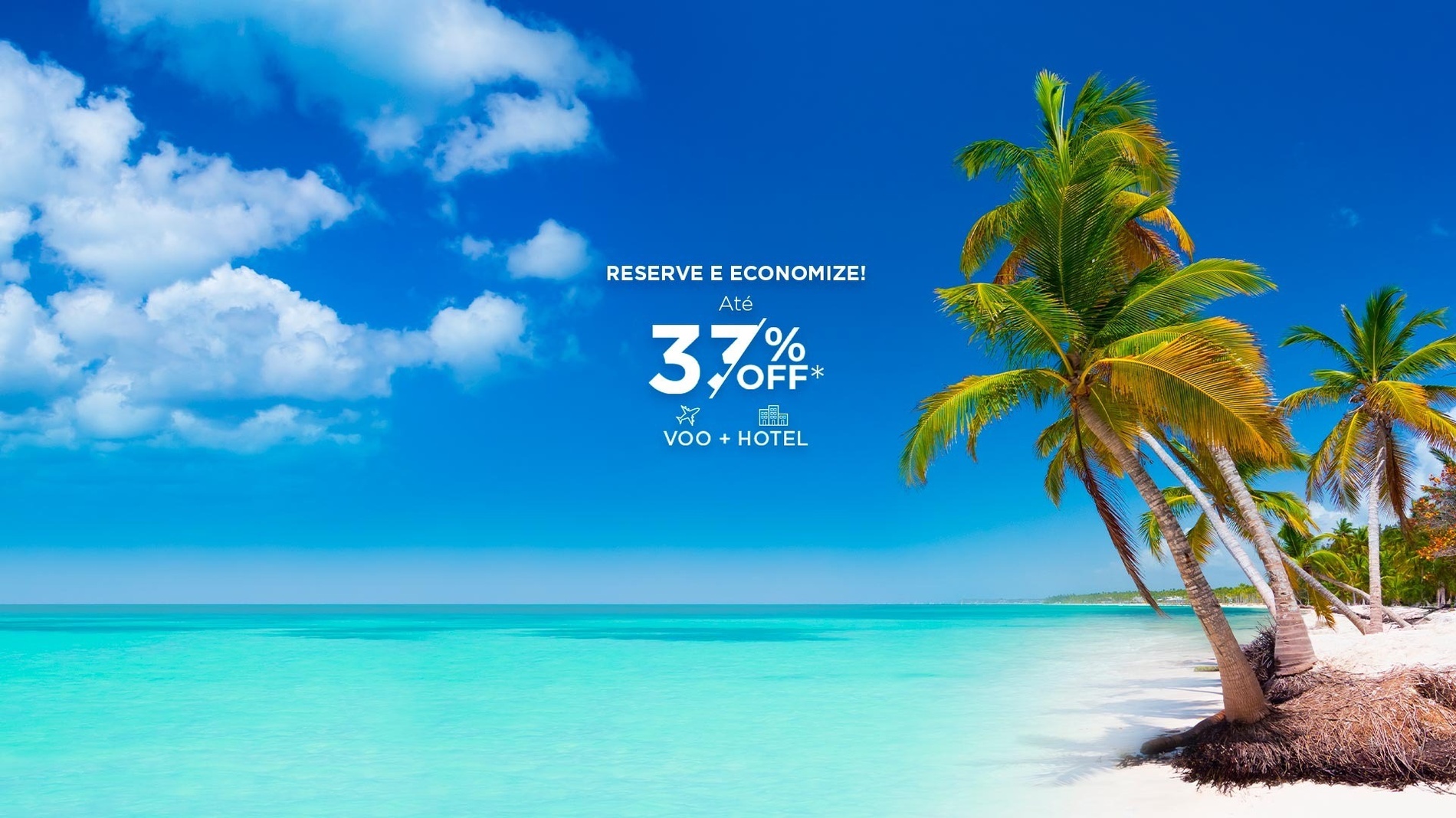 uma praia tropical com palmeiras e o texto reserva e economize até 37 % off