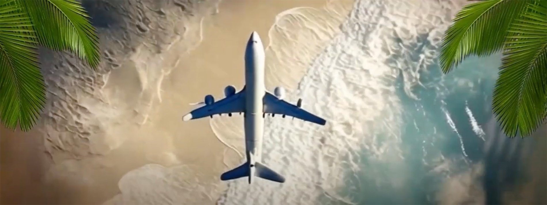 un avión volando sobre el océano con palmeras en el fondo
