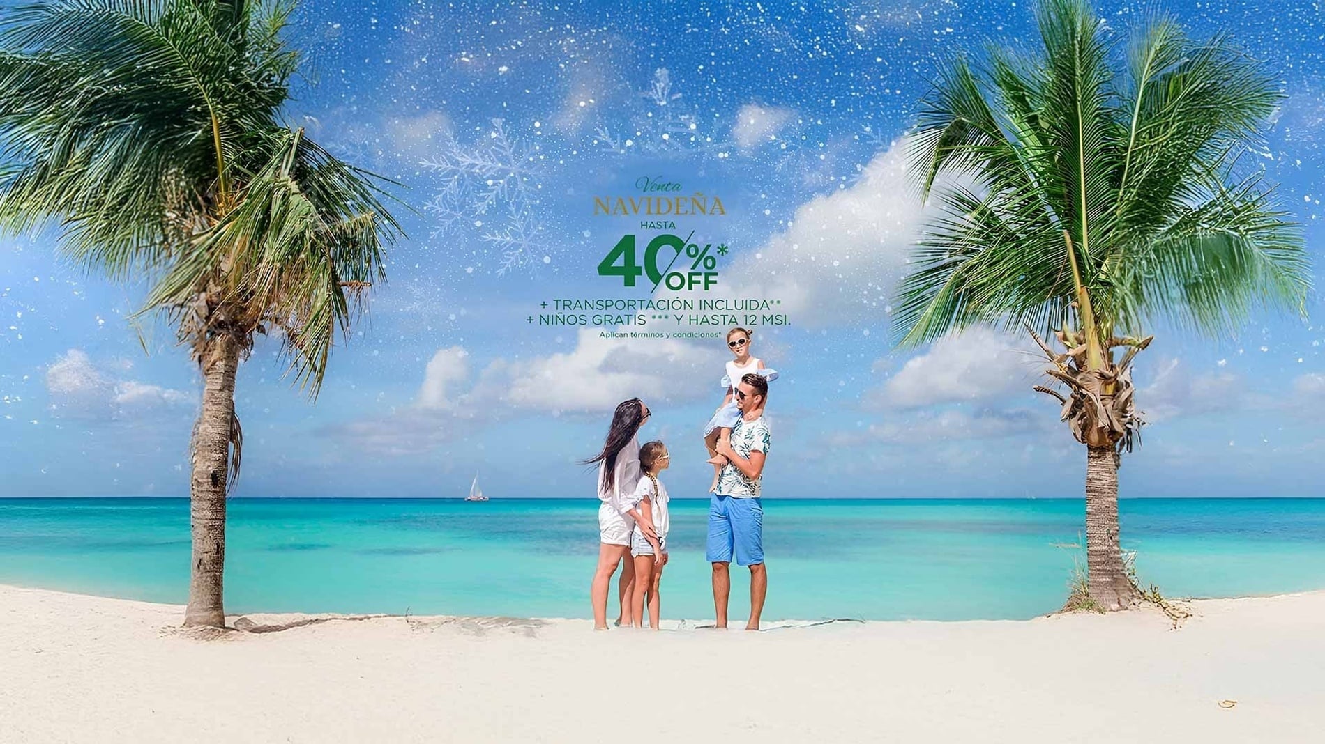 uma praia tropical com palmeiras e o texto reserva e economize até 37 % off