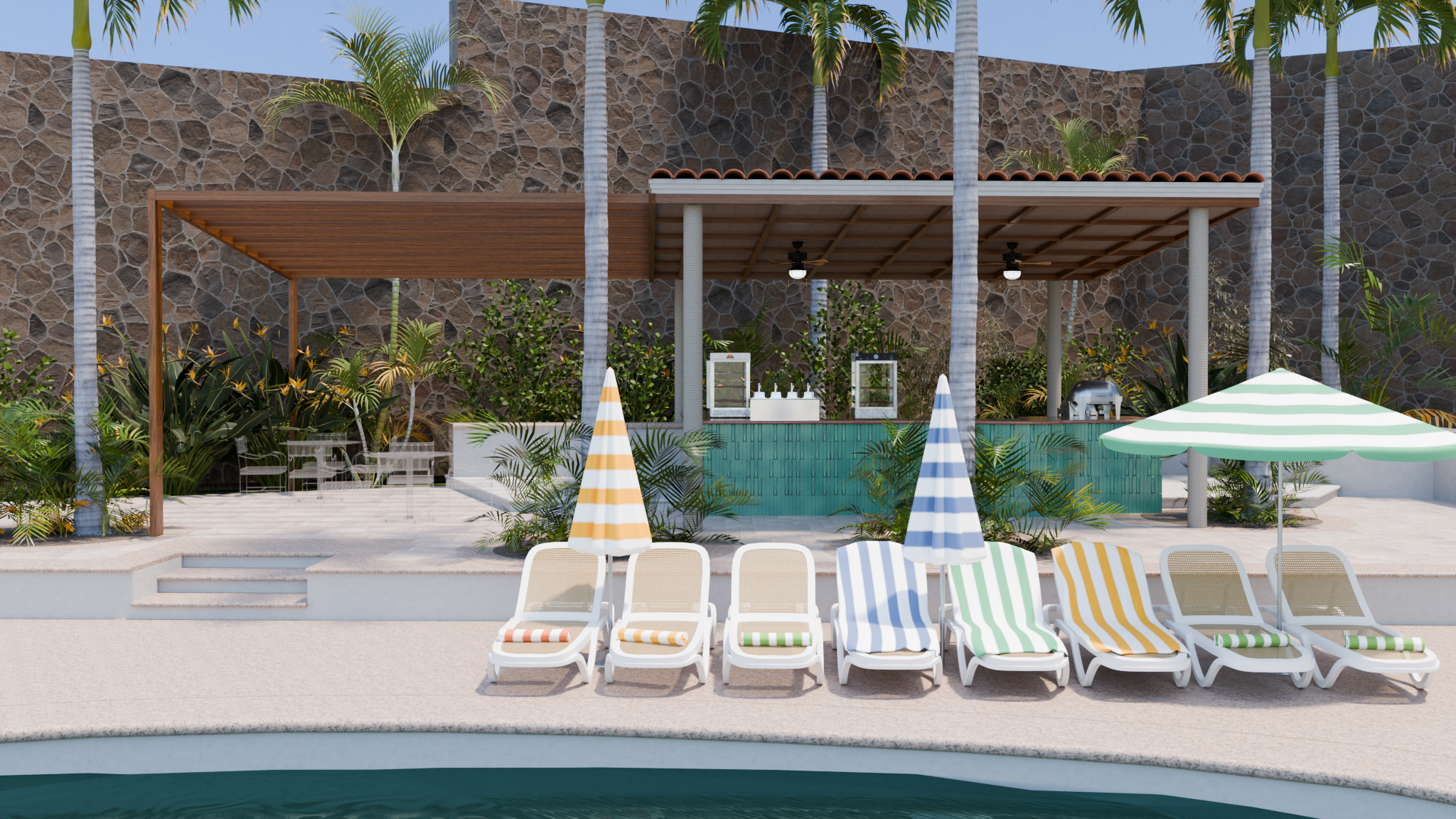 Palm-roofed Coco Bar next to an outdoor pool at the Park Royal Beach Acapulco Hotel