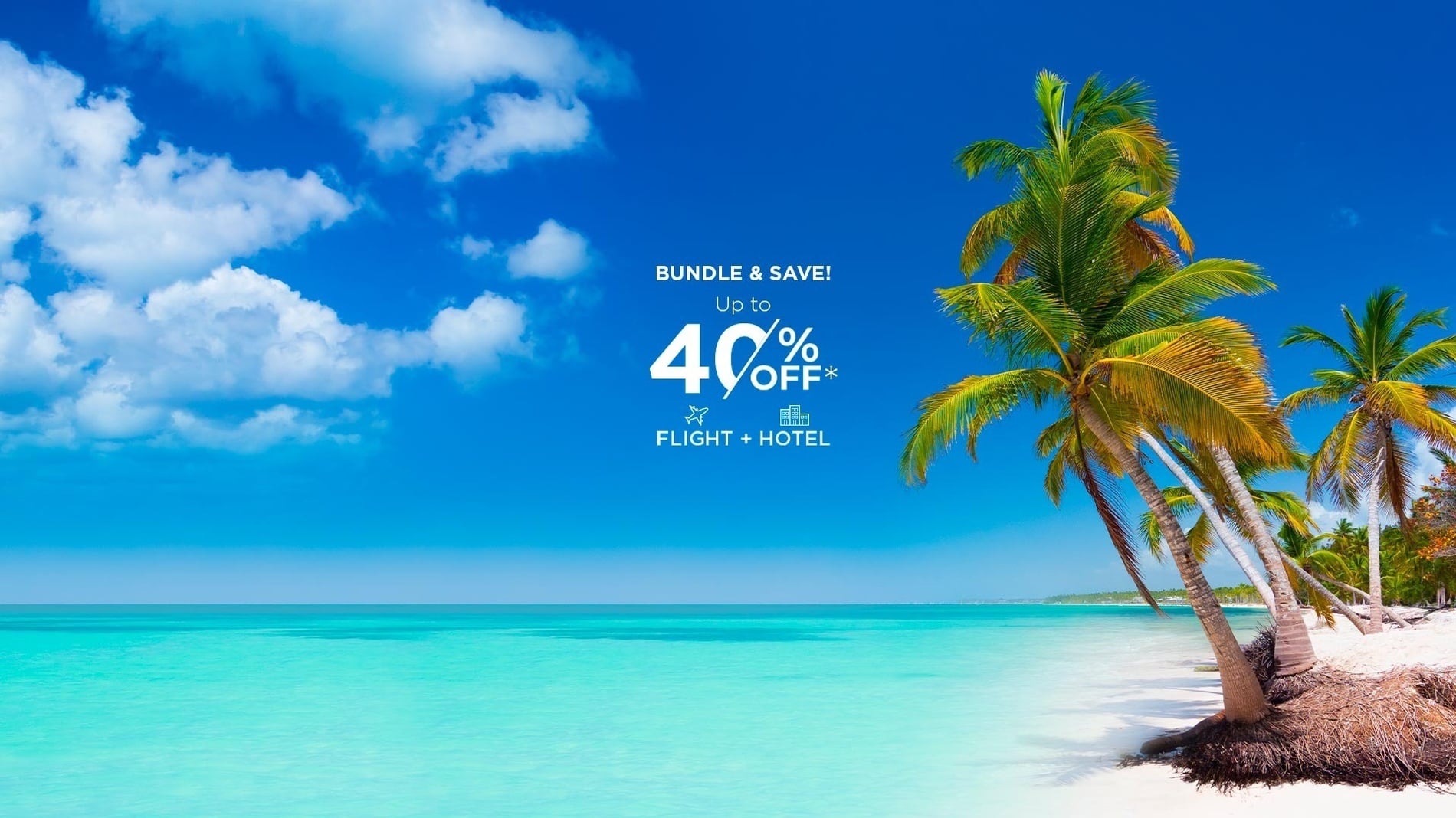 a beach with palm trees and the words bundle & save up to 40 % off