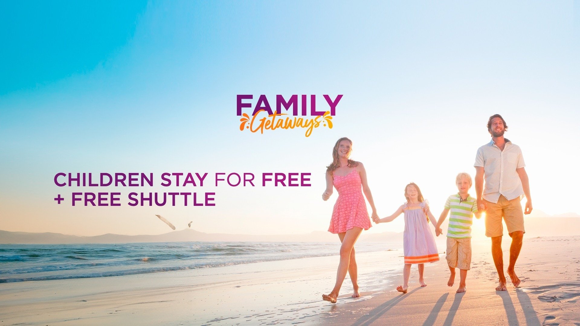 a family walking on the beach with the words family getaway children stay for free + free shuttle