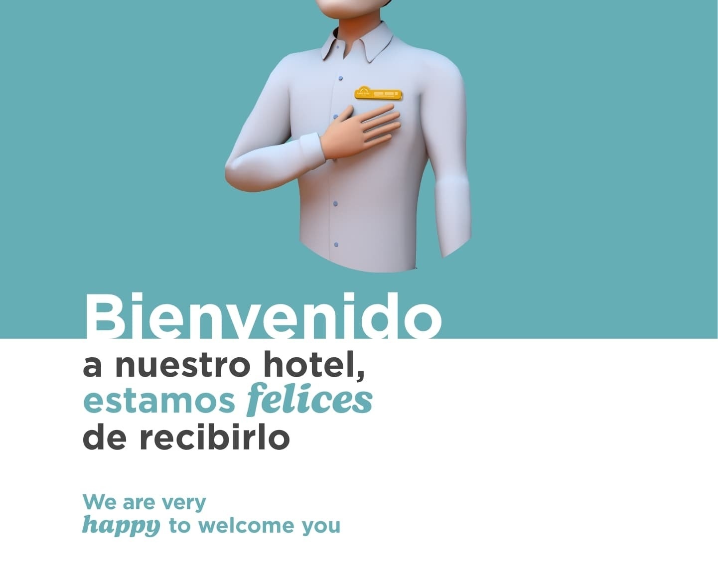 um homem de desenho animado com um rótulo na camisa diz bienvenido a nuestro hotel estamos felices de recibirlo