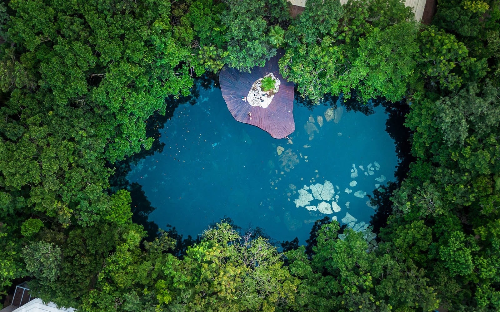 an aerial view of a lake surrounded by trees