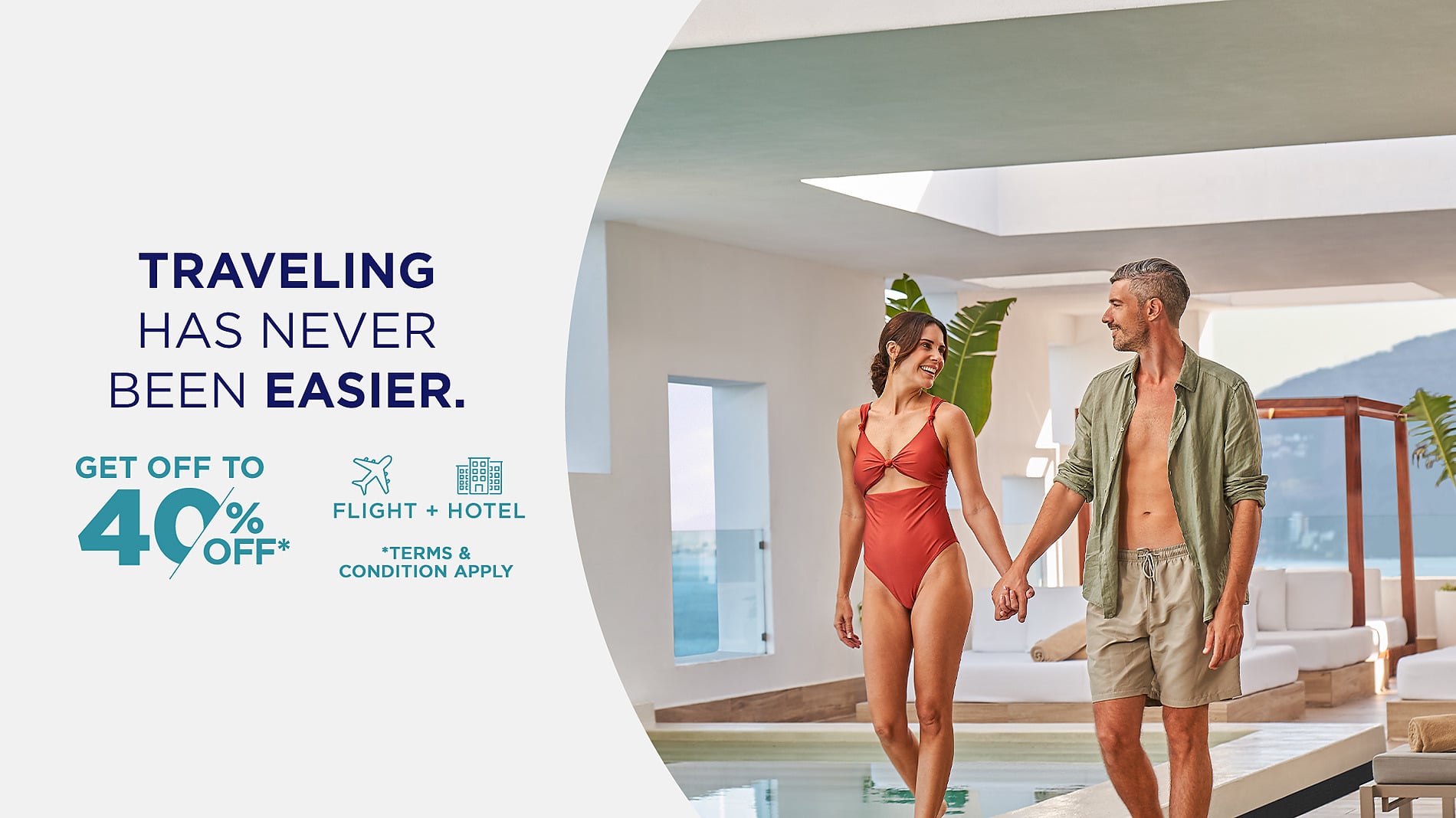 Couple enjoys a vacation at a luxury resort, offering flight + hotel deals and 'Hotel Grand Park Royal Puerto Vallarta | Mexican Pacific' up to 40% off.