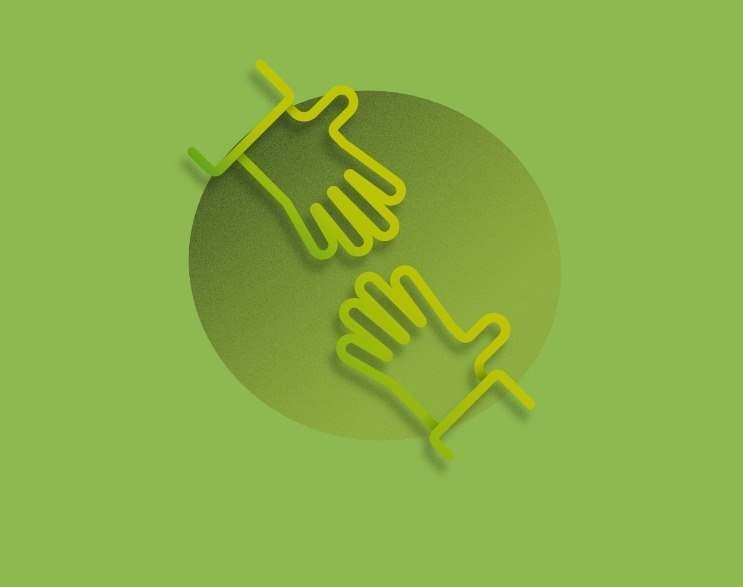 a green hand reaching out to another hand on a green background