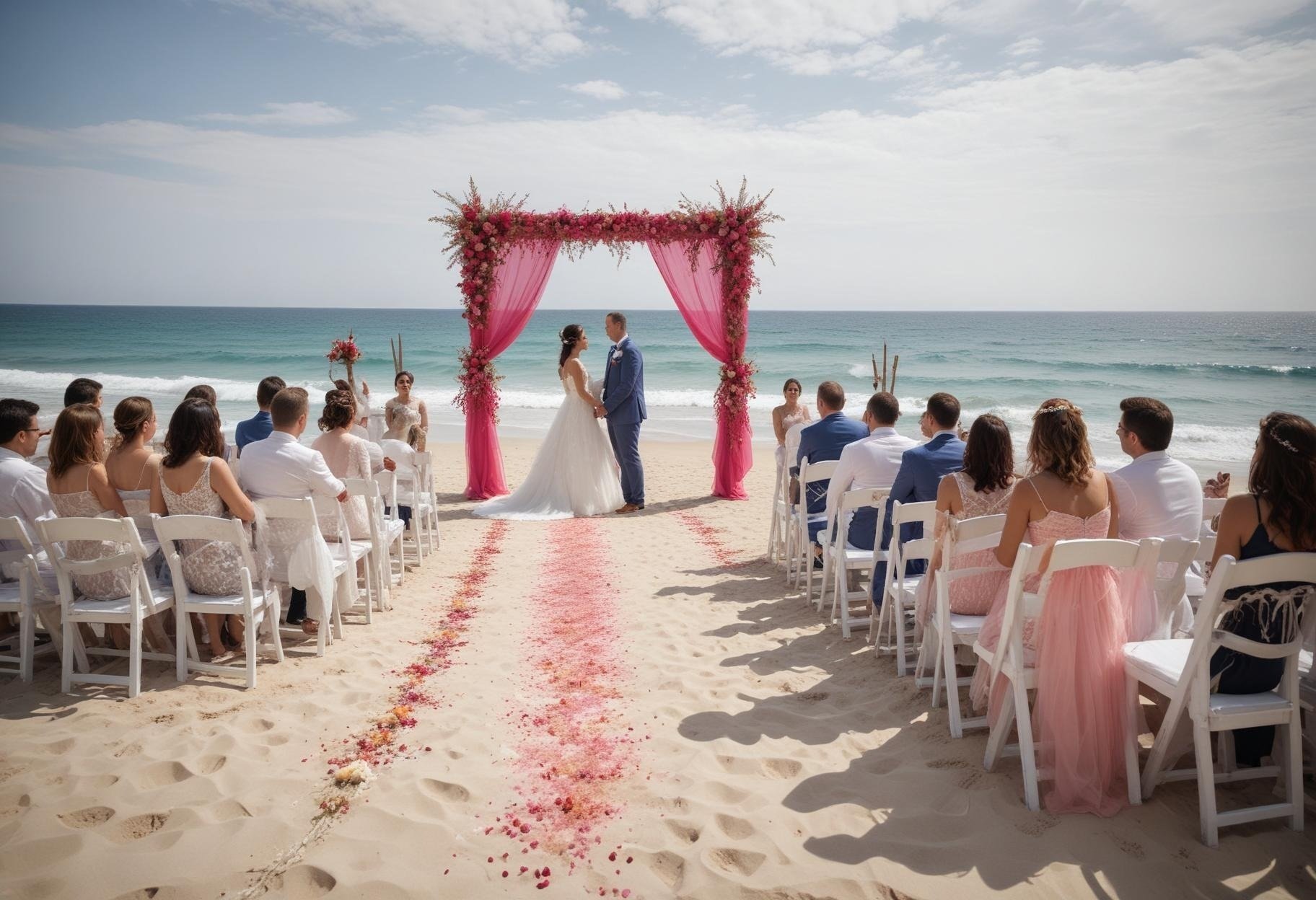 uma cerimônia de casamento na praia com um arco rosa