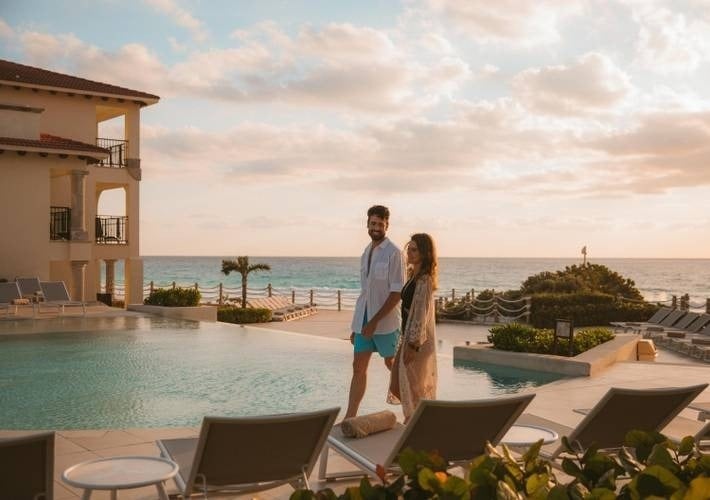 um homem e uma mulher estão em frente a uma piscina com vista para o oceano .