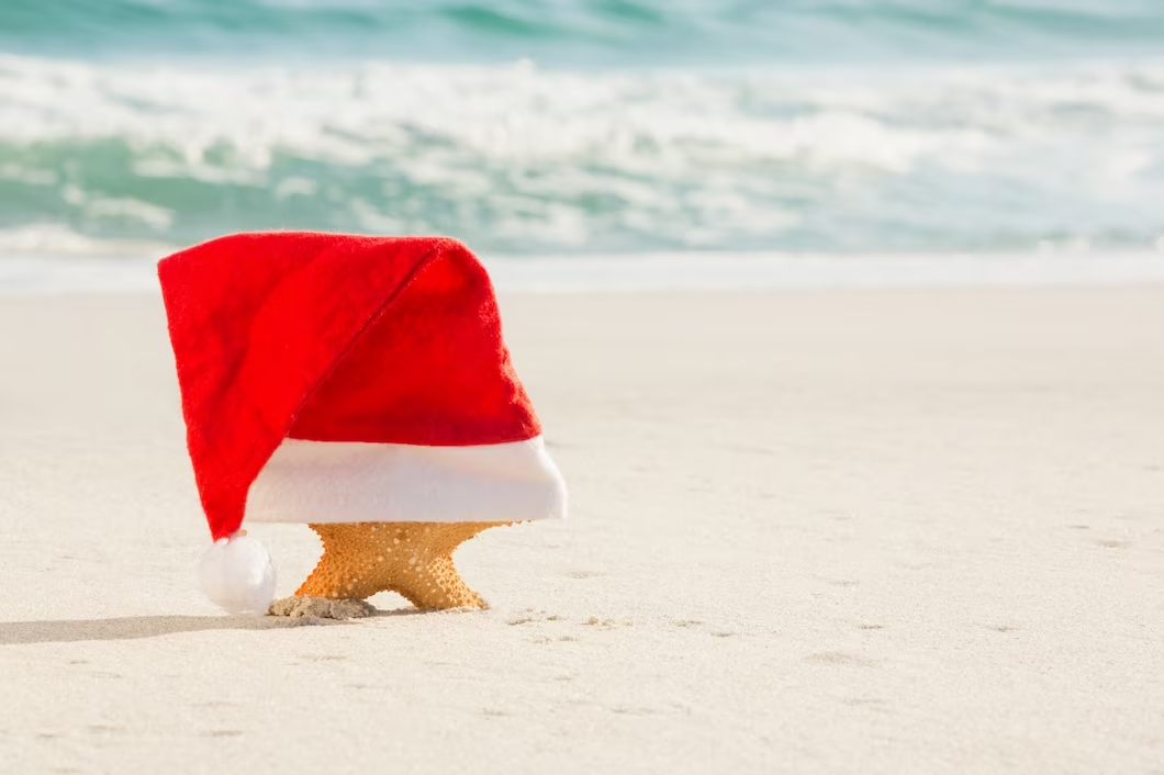 uma estrela do mar usando um chapéu de papai noel na praia