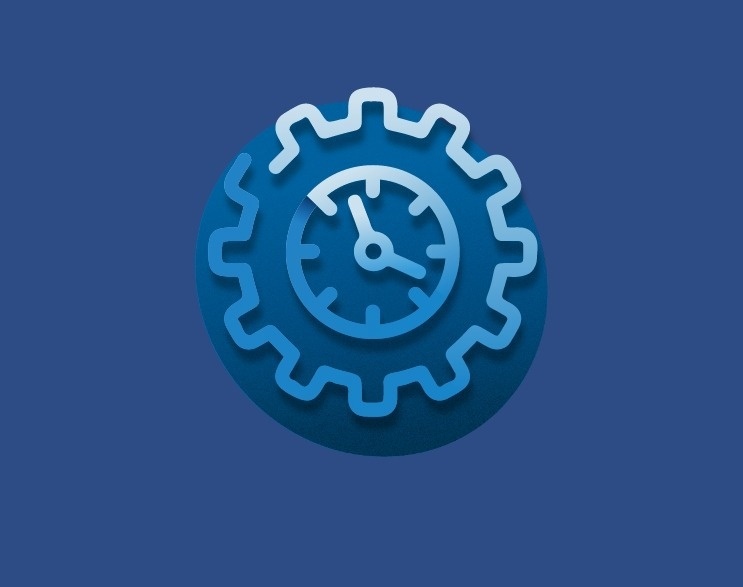 a blue gear with a clock inside of it