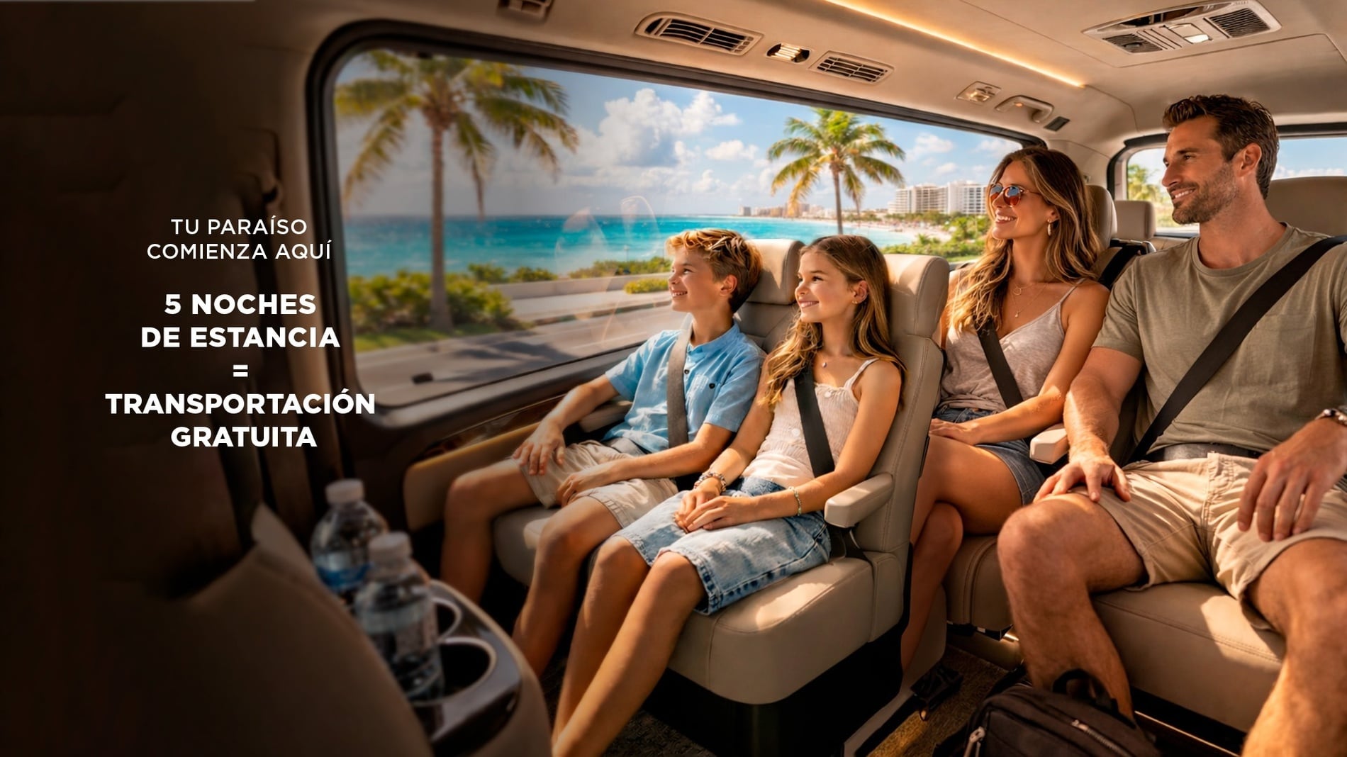 Una familia sonriente viaja en un vehículo, disfrutando de un paisaje costero tropical con hoteles, mientras un texto promociona transporte gratuito por una estadía de 5 noches.