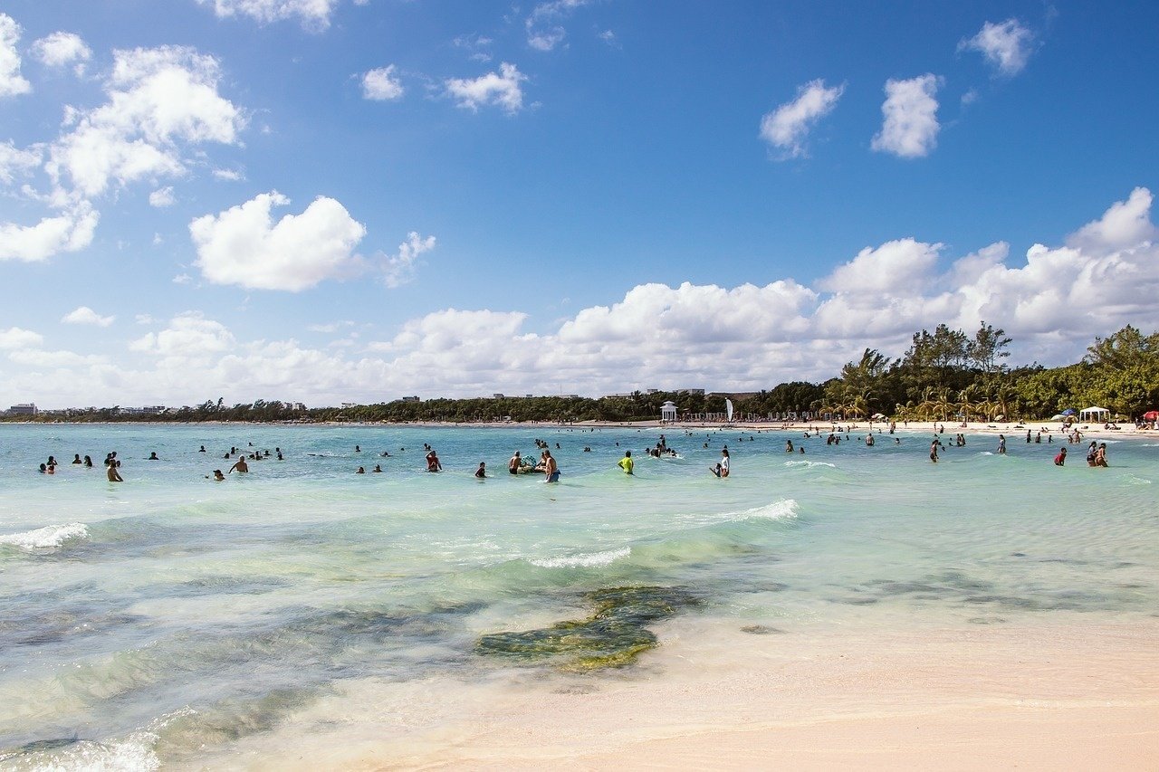 un grupo de personas nadando en la playa en un día soleado