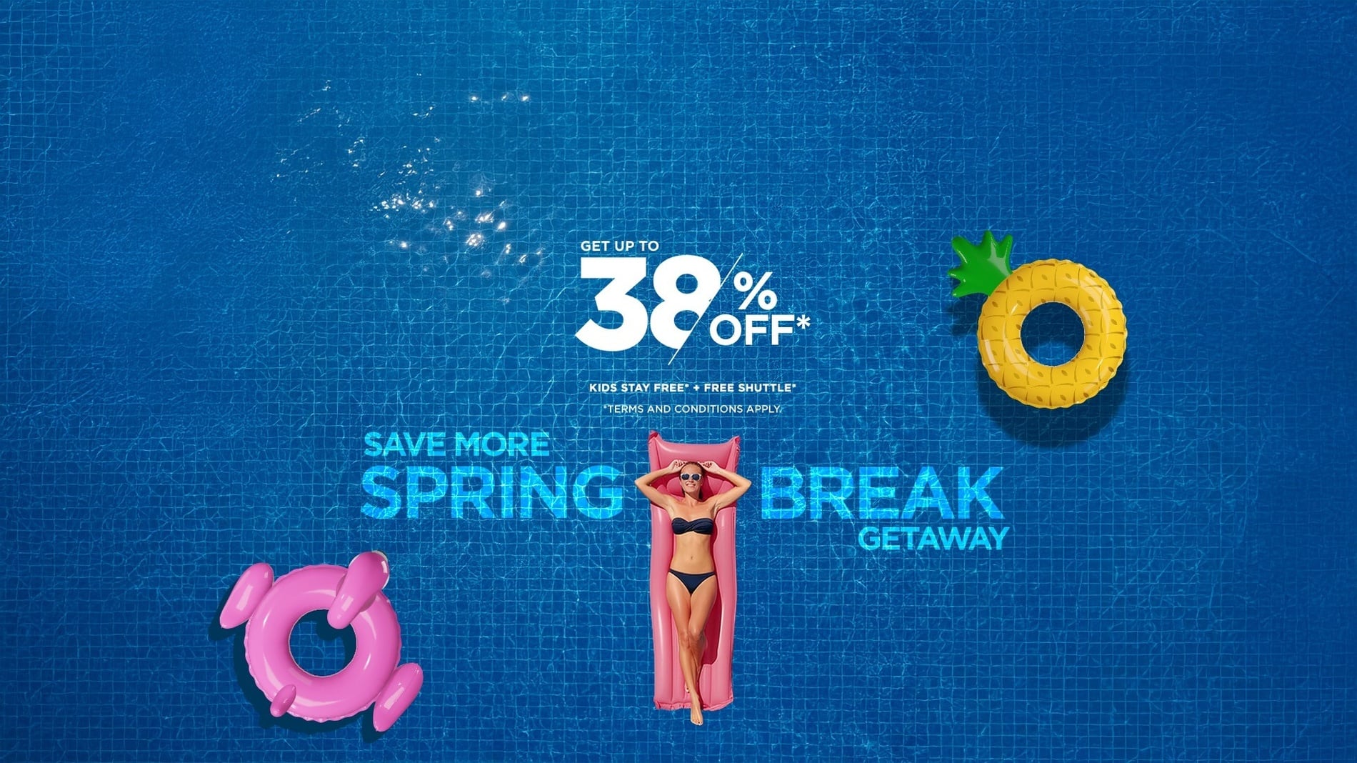 An overhead shot of a person relaxing on a pink inflatable raft in a blue swimming pool, surrounded by other pool floats, advertises a "Spring Break Getaway" with "Get up to 32% OFF* + FREE SHUTTLE*".