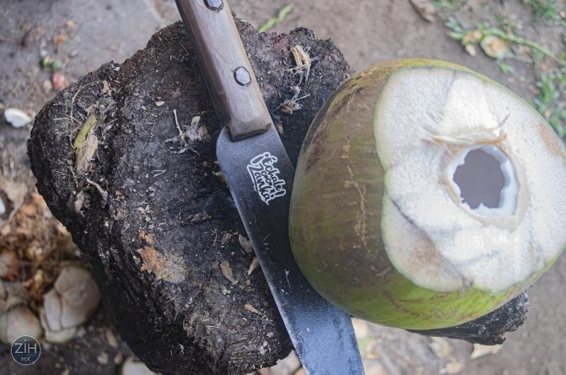 un coco está cortado por un cuchillo con la palabra barbacoa en él