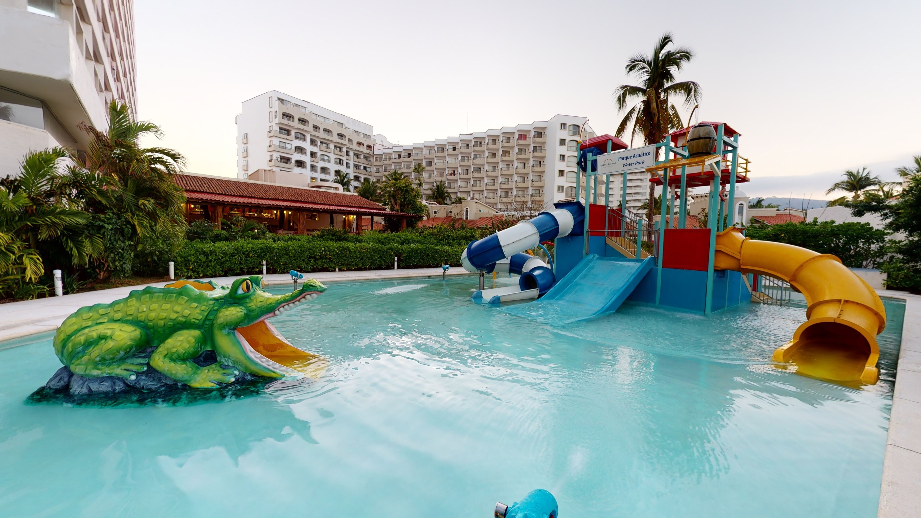 Children playing in the water park of the Hotel Park Royal Beach Ixtapa in Mexico