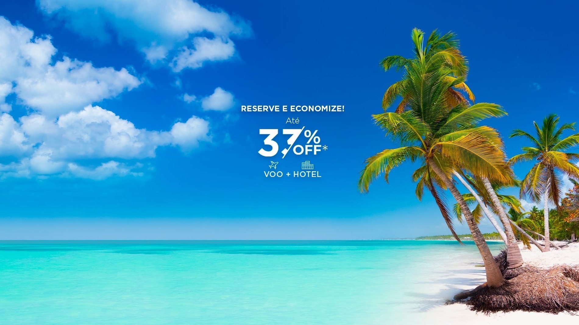 uma praia tropical com palmeiras e o texto reserva e economize até 37 % off