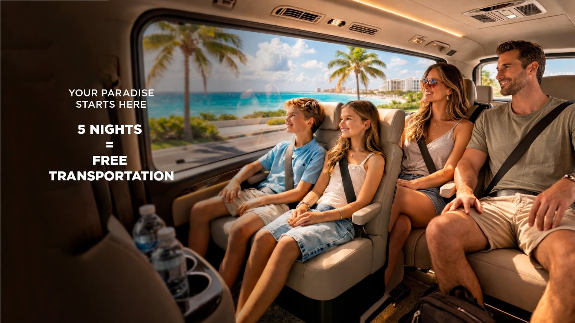A family of four sits comfortably in a shuttle or van, looking out at a sunny tropical beach with palm trees and turquoise water, accompanied by text advertising "Free Transportation" for "5 Nights" or to "Book Your Secure Shuttle."