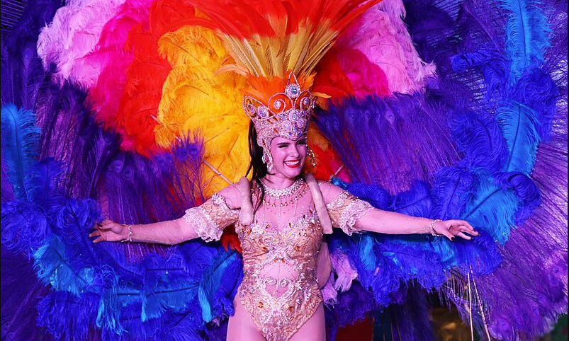 uma mulher com uma fantasia colorida de carnaval com penas e uma coroa
