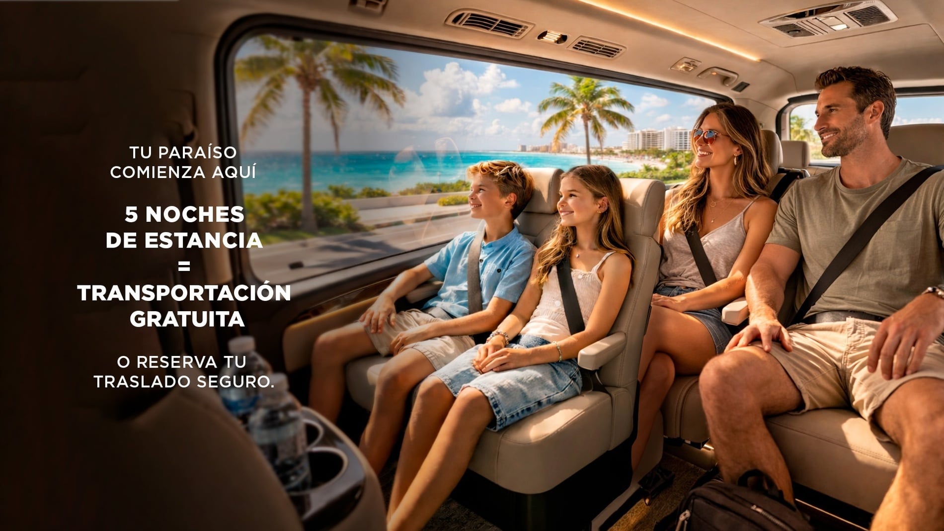 Una familia feliz viaja cómodamente en un vehículo con vistas a un paraíso tropical, mientras un texto promociona transporte gratuito con una estancia de 5 noches.