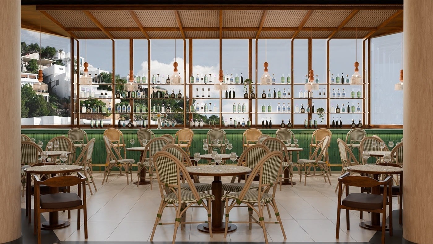 Hotel Park Royal Beach Acapulco: mesas y sillas de mimbre, estanterías con botellas y vistas al exterior.