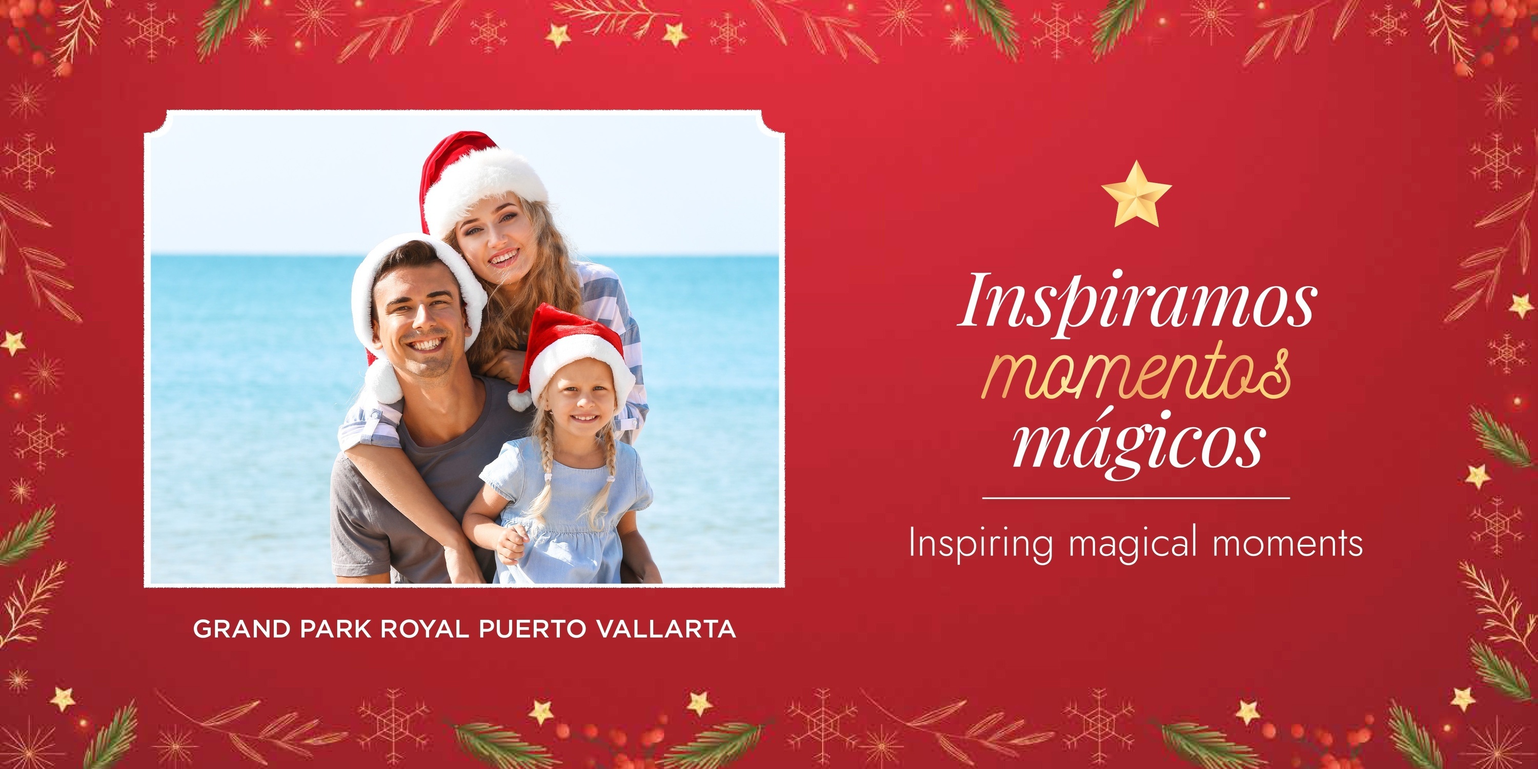 una tarjeta de navidad con una foto de una familia en la playa