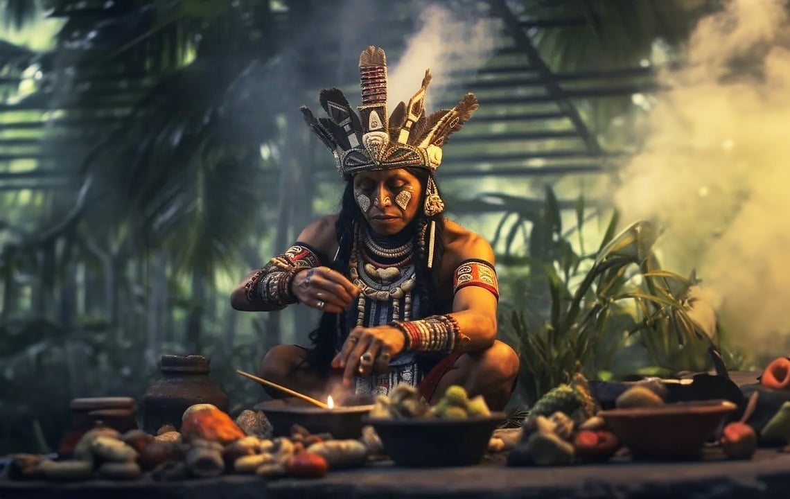 a man in a native american costume sits at a table with bowls of food