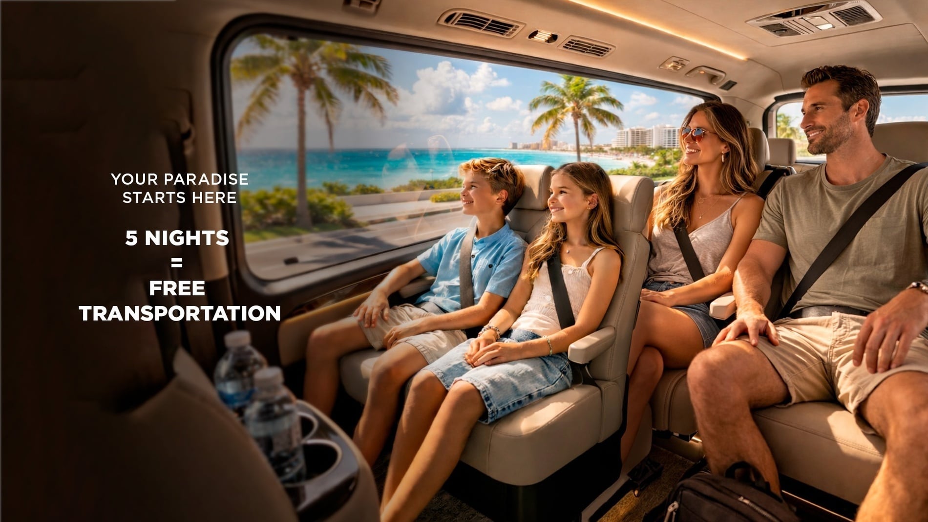 A family travels in a luxurious vehicle, gazing out at a sunny tropical beach with palm trees and ocean views, while an overlay promotes a "5 NIGHTS = FREE TRANSPORTATION" offer for "YOUR PARADISE STARTS HERE."