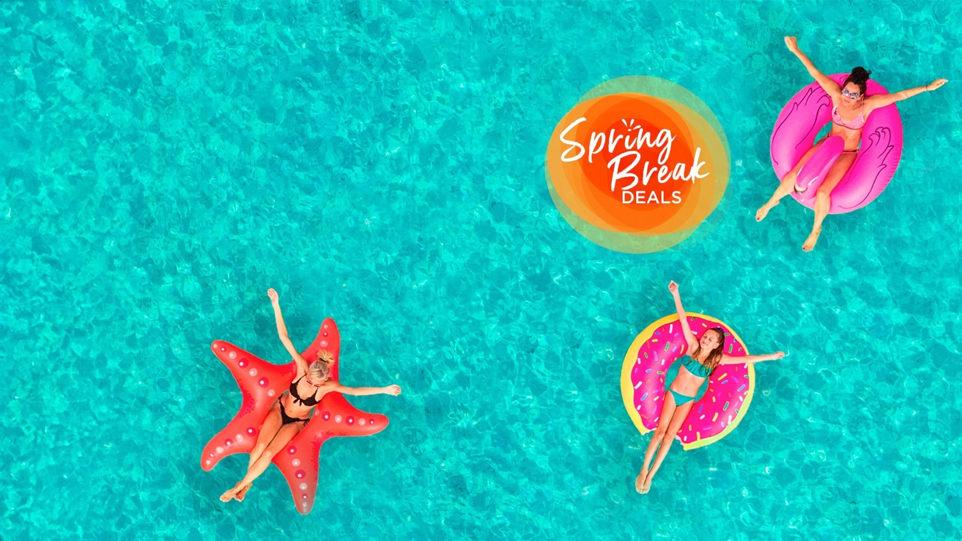 three women are floating in a pool with the words spring break deals on the bottom