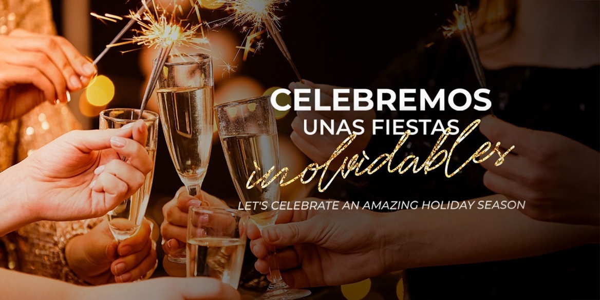 un cartel que dice celebramos en grande con una máscara dorada