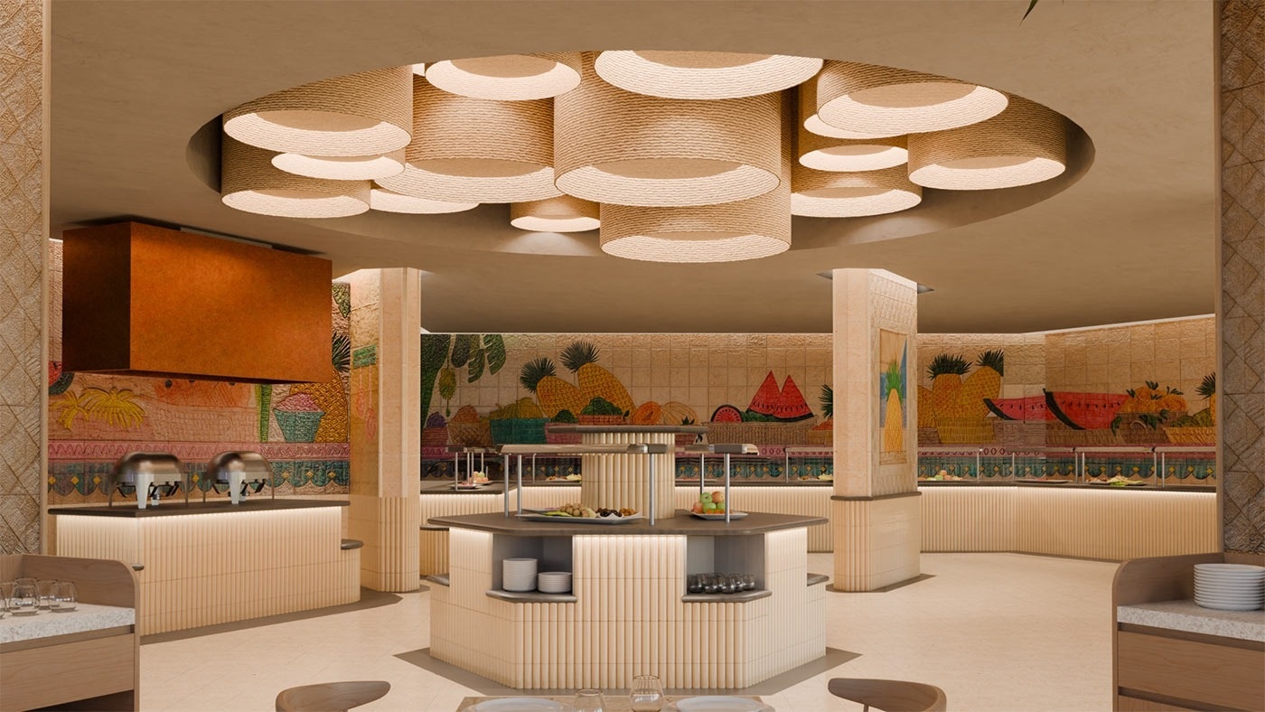 Hotel Park Royal Beach Acapulco: Buffet de desayuno con decoración tropical y arte mural estilo mexicano.