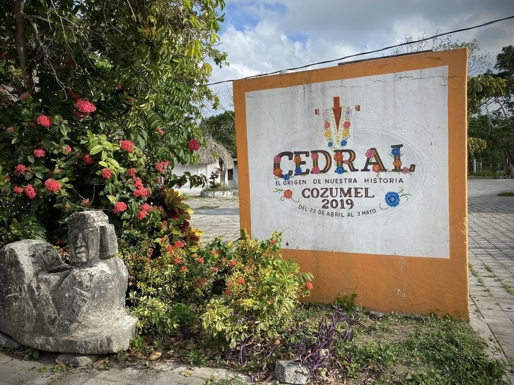 a sign for cedral cozumel 2019 is surrounded by flowers