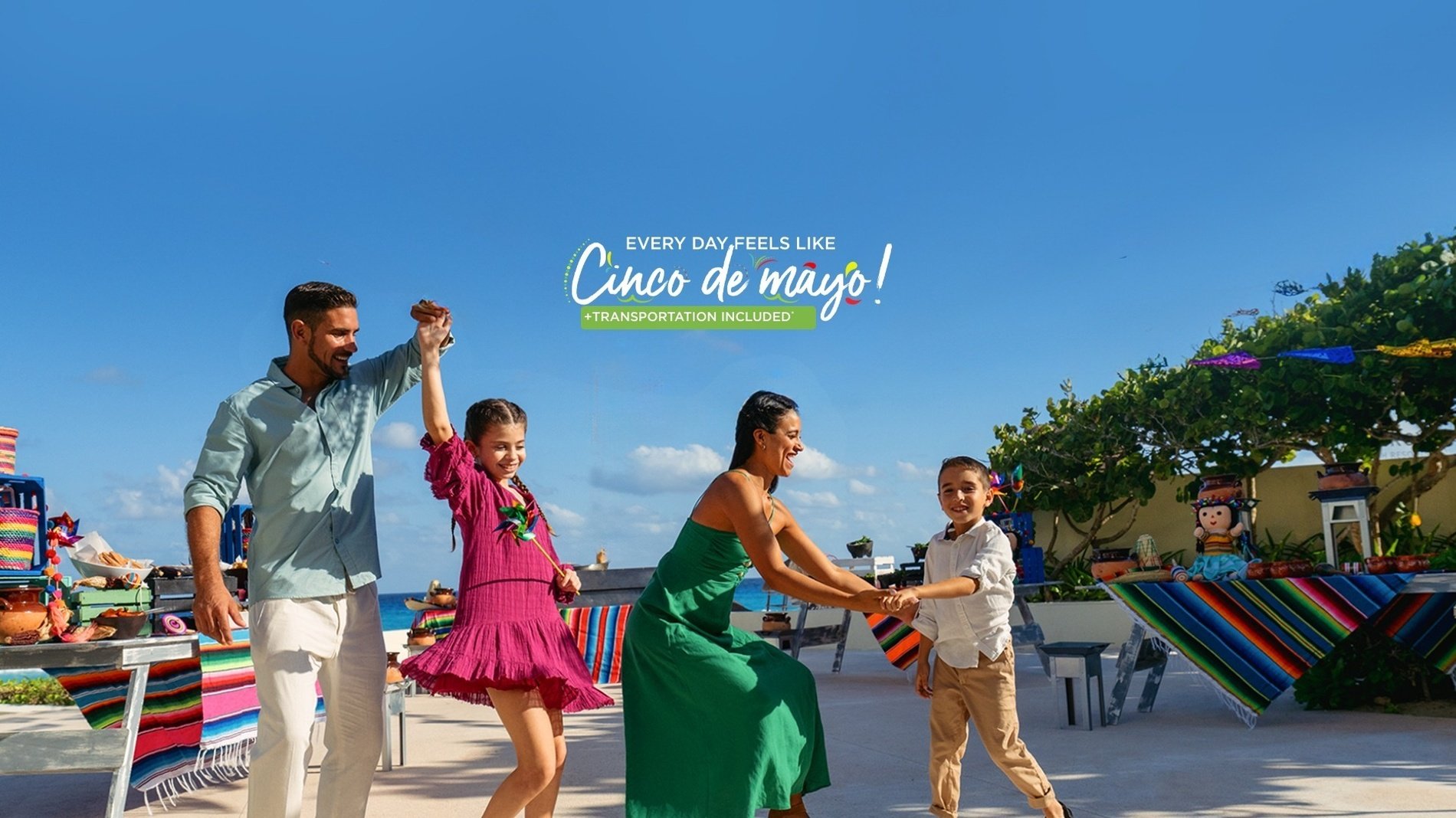 a family dancing in front of a sign that says " every day feels like cinco de mayo "