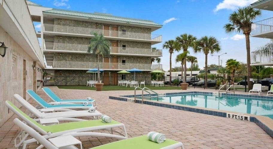a hotel swimming pool with sun loungers and palm trees