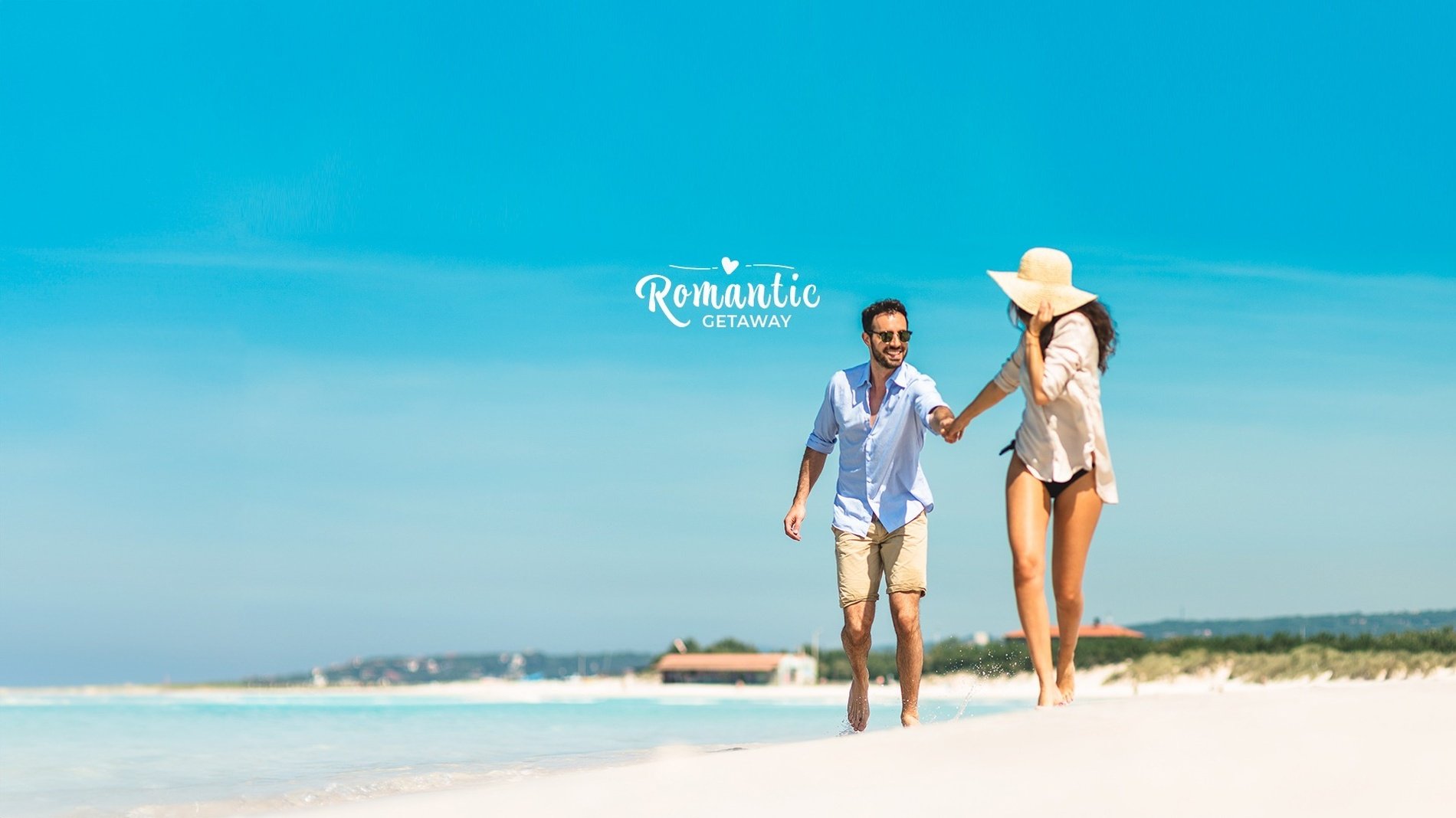 a man and woman walking on a beach with romantic getaway written on the bottom