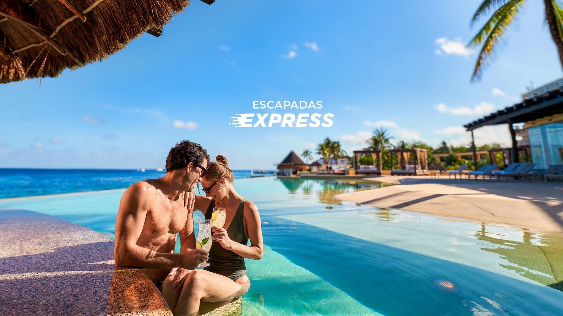 an advertisement for escapadas express shows a man and woman drinking cocktails in a swimming pool