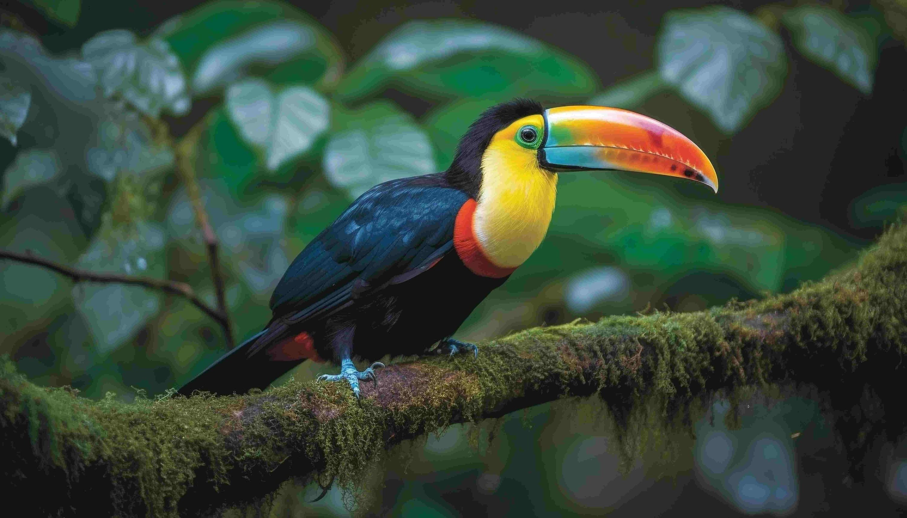 a colorful toucan perched on a mossy branch