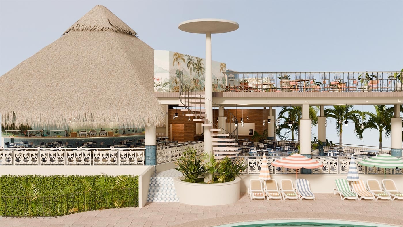 Hotel Park Royal Beach Acapulco: restaurante al aire libre con techo de paja, piscina y vistas al Pacífico Mexicano.