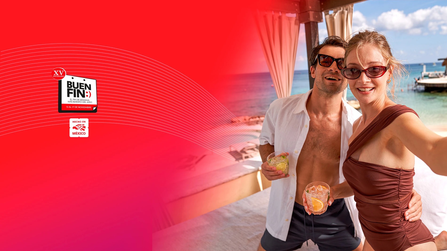 El Buen Fin en Park Royal: Pareja disfrutando bebidas en la playa.