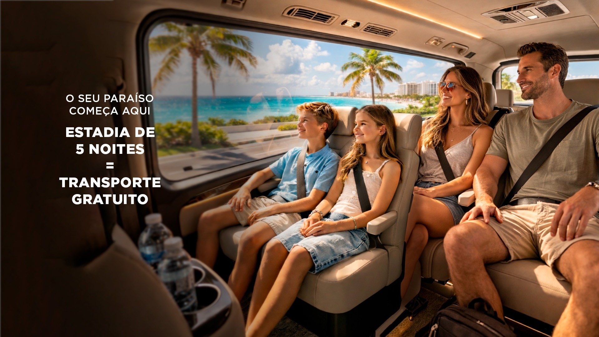 Uma família sorridente viaja em uma van de luxo, olhando para uma praia tropical através da janela, com um texto promocional anunciando 