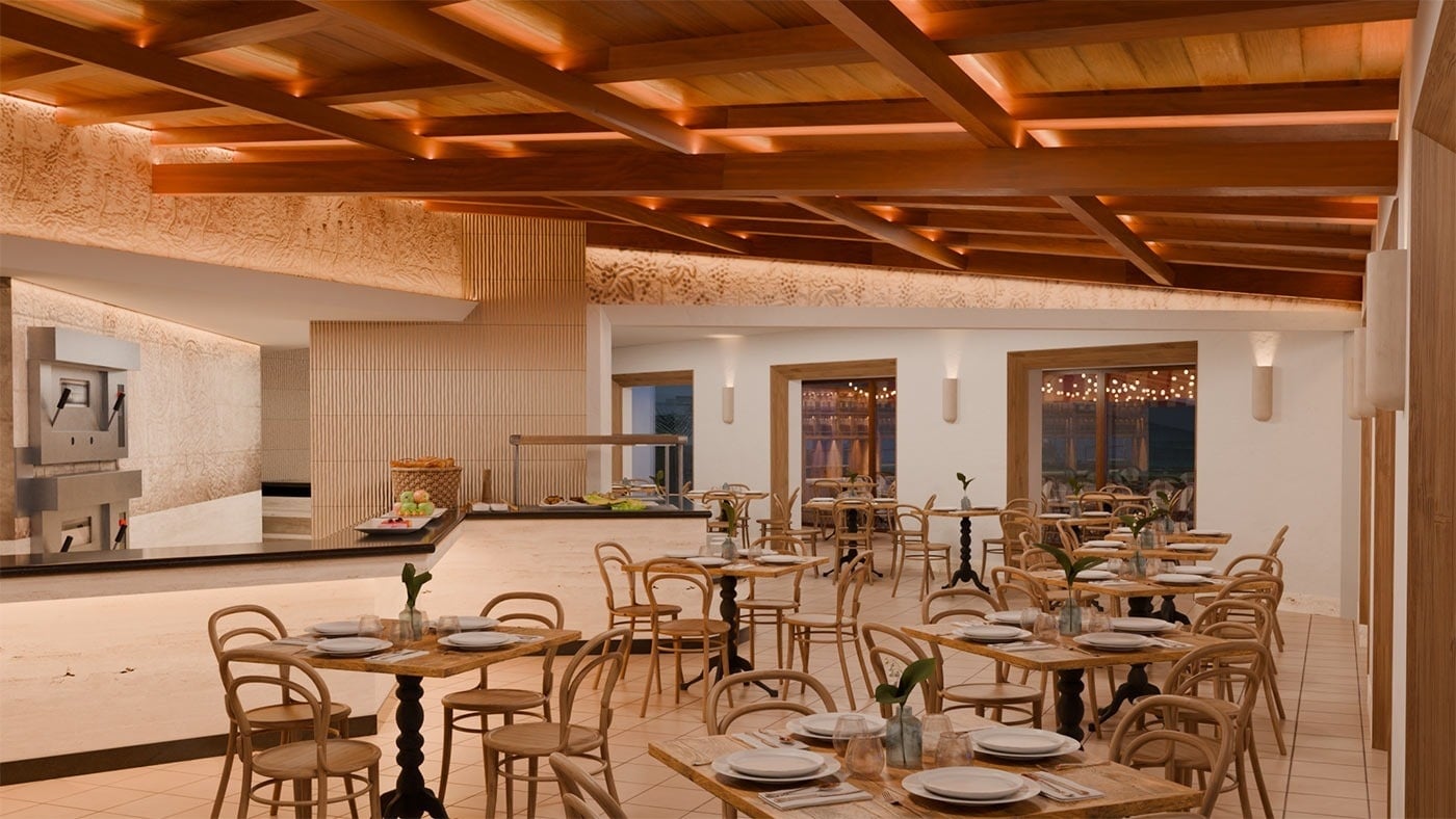 Comedor del Hotel Park Royal Beach Acapulco con mesas de madera y techo expuesto.