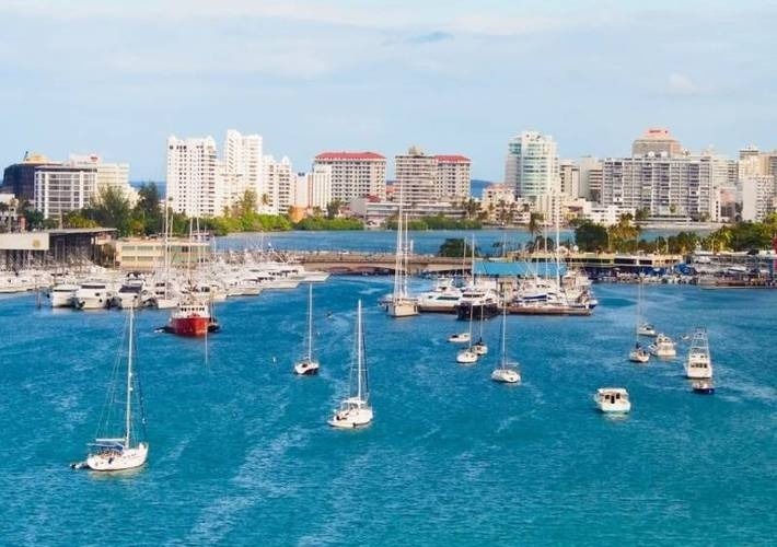 un grupo de barcos están amarrados en un puerto con una ciudad en el fondo .
