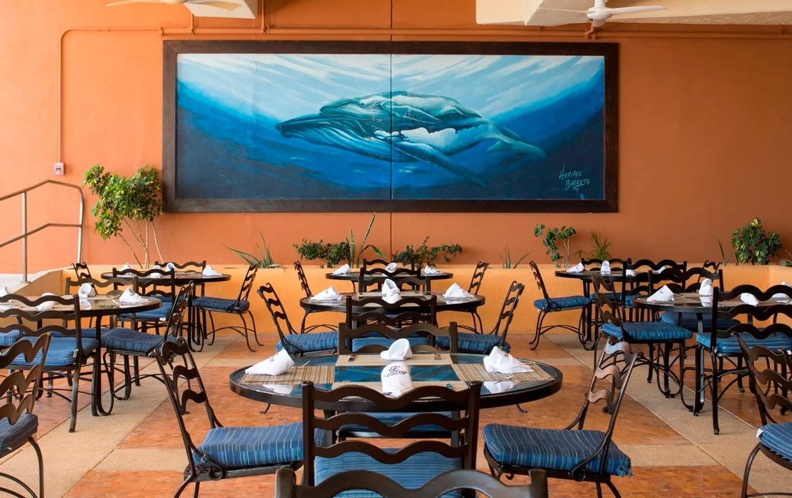 Terraza del Park Royal: Club Regina Los Cabos, con mural de ballena y mesas al aire libre.