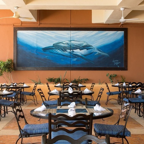 Terraza de restaurante con mural de ballenas en Park Royal: Club Regina Los Cabos