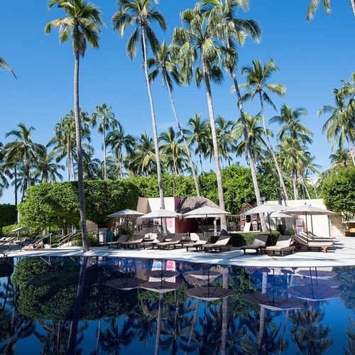Piscina cristalina en Park Royal: Club Regina Puerto Vallarta con palmeras y tumbonas.