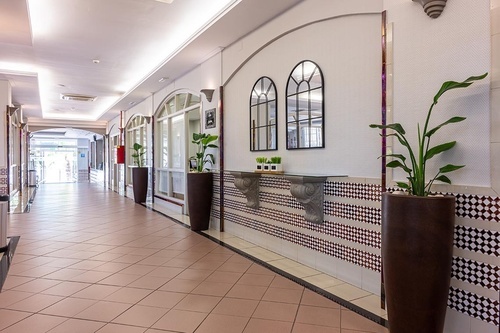 Spacious, bright hallway at Hotel Pato Amarillo, a 4-star hotel in Punta Umbría, featuring decorative tiles and plants.
